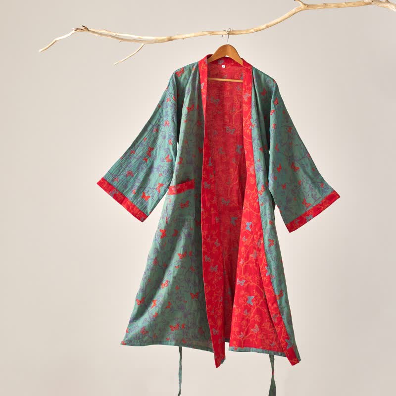 Ownkoti Cotton Gauze Vintage Butterfly Kimono Robe - Green - XL - image 10