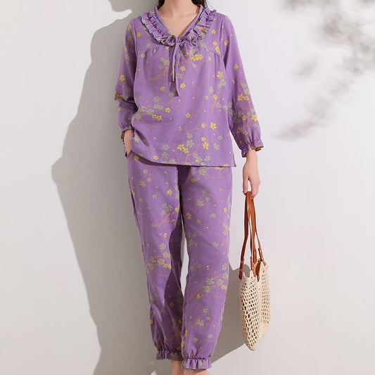 Ownkoti Floral Jacquard Ruffled Cotton Loungewear Set - 4XL - image 1