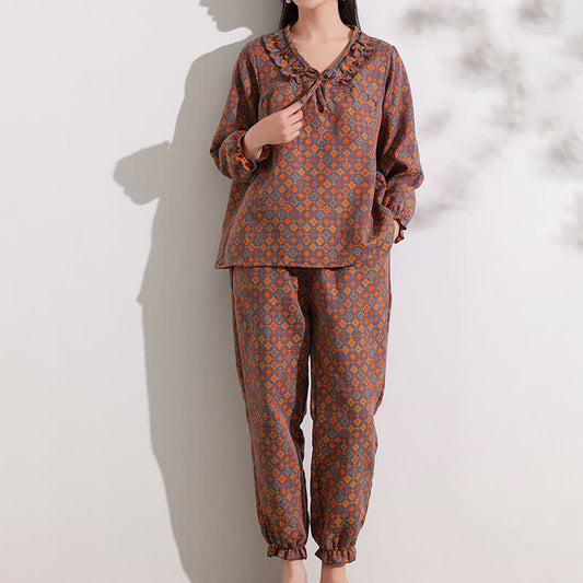 Ownkoti Geometric Jacquard Ruffled Cotton Loungewear Set - 4XL - image 1