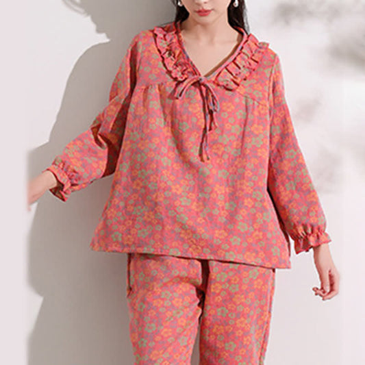 Ownkoti Pink Floral Jacquard Ruffled Cotton Loungewear - 4XL - image 0