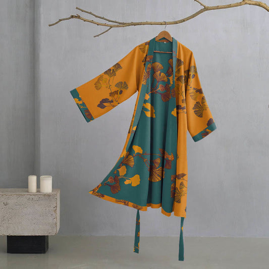 Ownkoti Large Ginkgo Leaf Cotton Kimono Robe - Yellow & Green - XL - image 1
