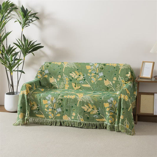 Ownkoti Green Leaf Floral Cotton Tassel Blanket - image 1