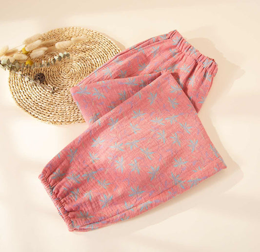 Ownkoti Leaf Inspired Cotton Gauze Pajama Pants - Pink - 2XL - image 1