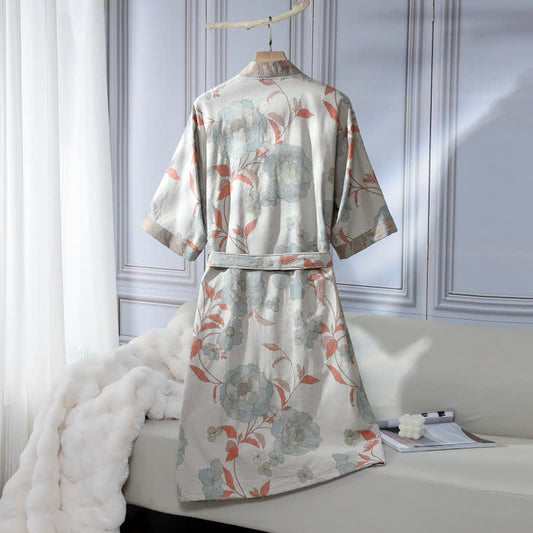 Ownkoti Unisex Blue Peony Cotton Gauze Bathrobe - image 1