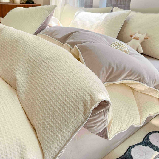 Minimalist Waffle Cotton Bedding Set - Beige & Gray - King - image 0