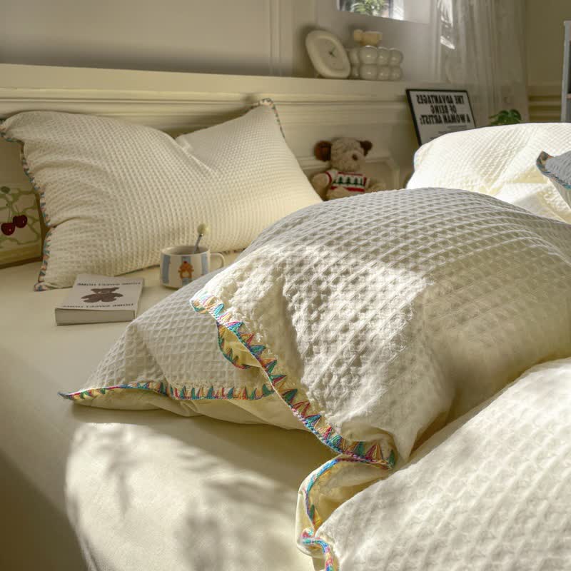 Waffle Textured Pure Cotton Bedding - Light Yellow - King - image 14