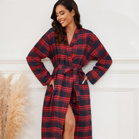 Classic Plaid Brushed Lounge Robe - Red & Black - XL - image 0