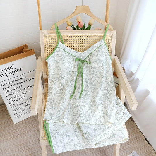 Bow-tie V-neckline Soft Cotton Gauze Pajamas - Green - XL - image 0