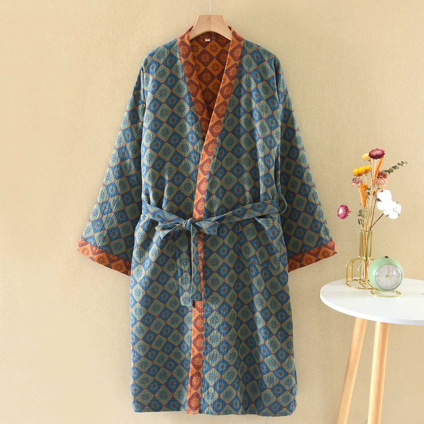 Retro Geometric Diamond Cotton Kimono Robe - Blue - XL - image 0