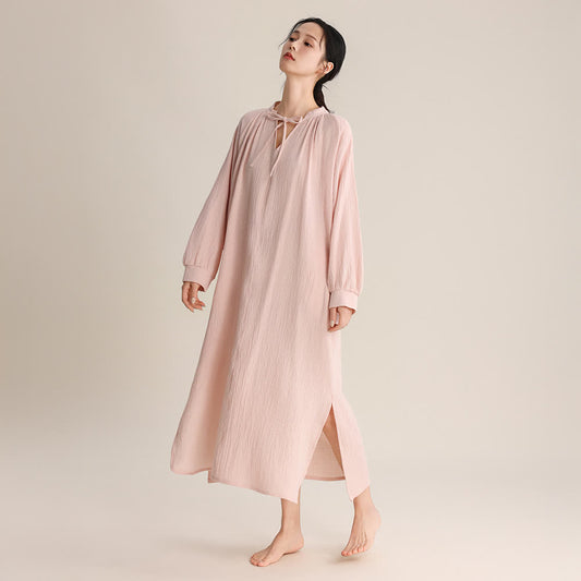 Solid V-neck Bow-Tie Cotton Nightdress - Pink - L - image 0