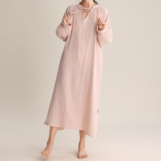 Solid V-neck Bow-Tie Cotton Nightdress - image 1