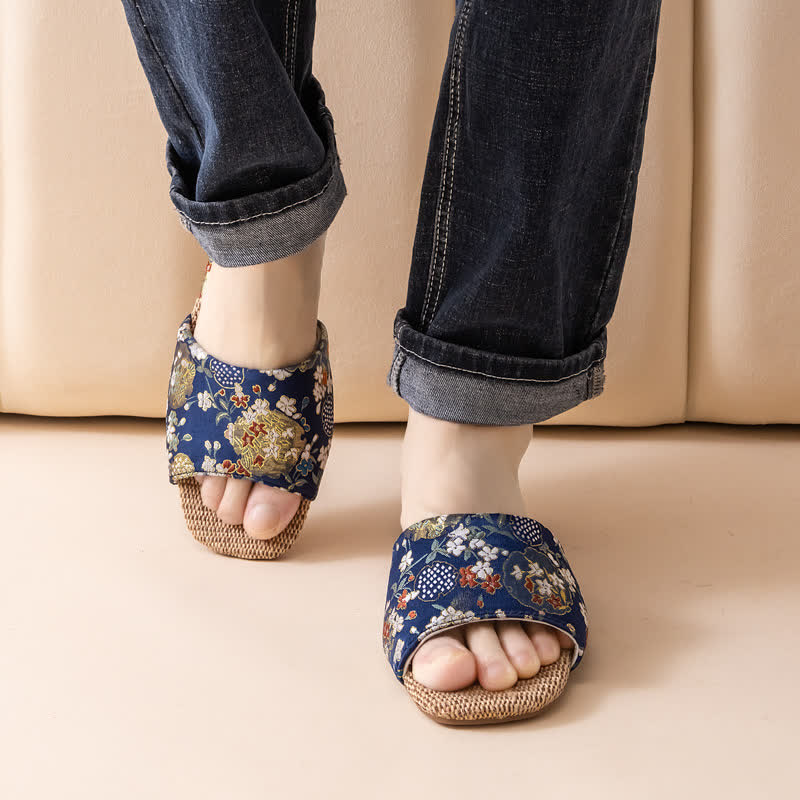 Floral Embroidered Linen House Slippers - Navy Blue - L - image 13