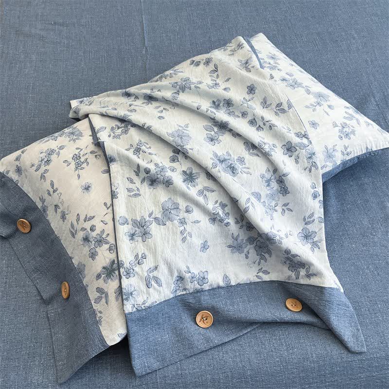 Blue Floral Linen Button Bedding Set (4PCS) - image 5