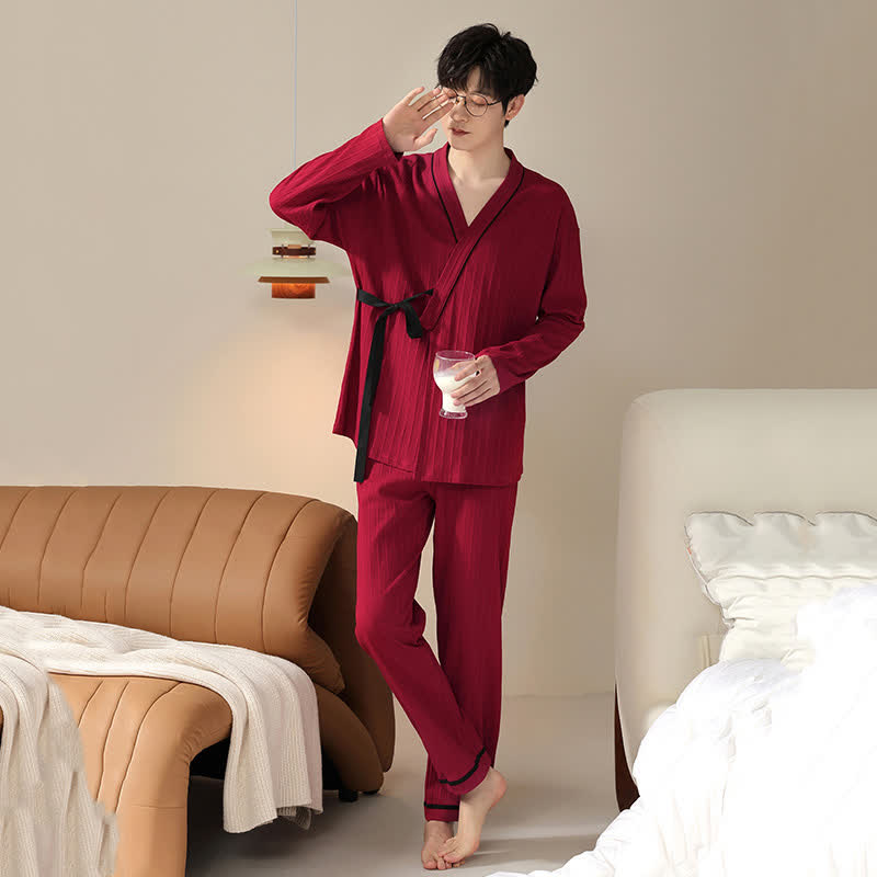 Couple Matching Cotton Kimono Pajama Set - Red - Men:3XL - image 7