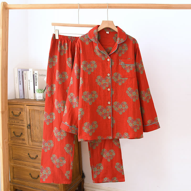 Heart-Shaped Floral Cotton Gauze Loungewear Set - Red - XXL - image 0