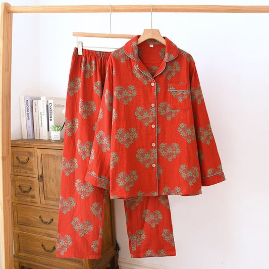 Heart-Shaped Floral Cotton Gauze Loungewear Set - Red - XXL - image 0