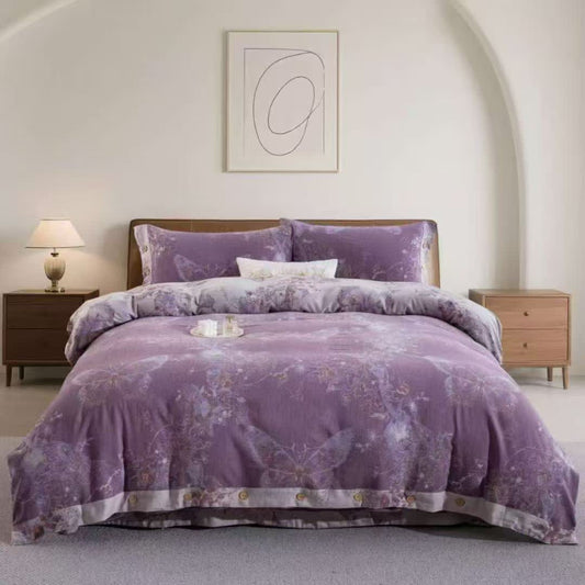 Dreamy Butterfly Cotton Double Gauze Bedding Set(4PCS) - Purple - King - image 0