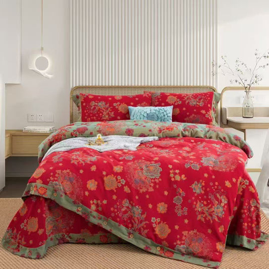 Peony Cotton Gauze Button Bedding Set(4PCS) - Red - King - image 0