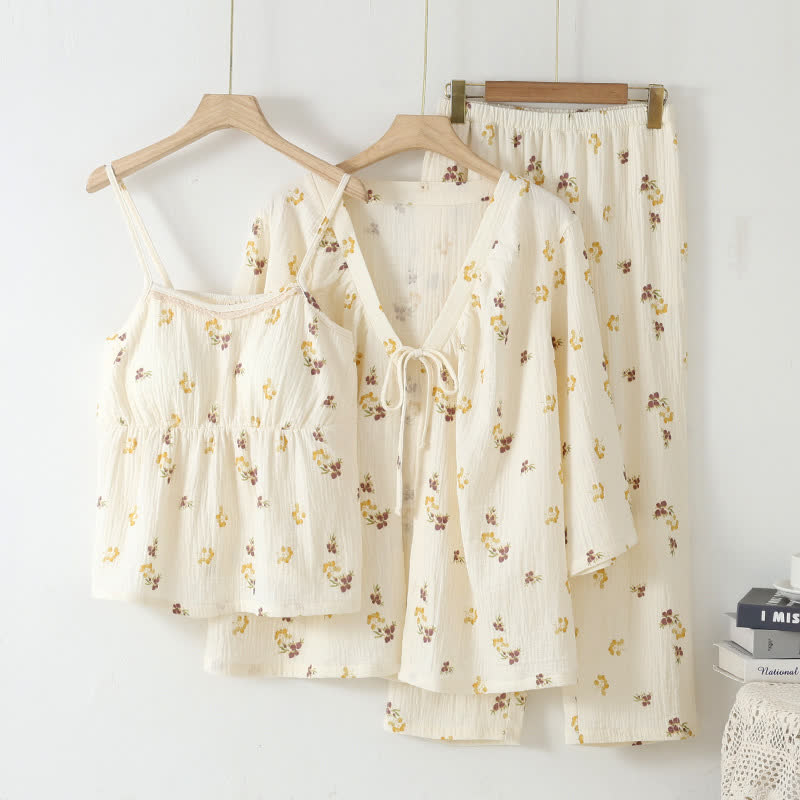 Rustic Style Camisole Cotton Pajama Set(3PCS) - White - XL - image 0