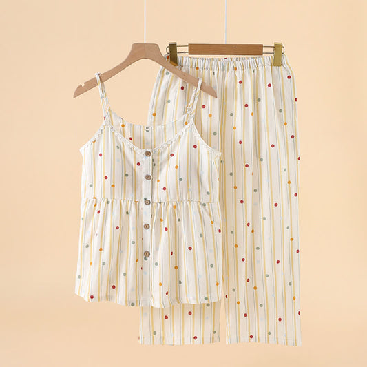 Striped Polka Dot Camisole Cotton Pajama Set - Light Yellow - XXL - image 1