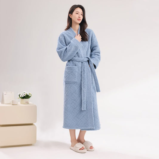 Striped Diamond Textured Plush Robe - Blue - Bathrobe - 2XL - image 1