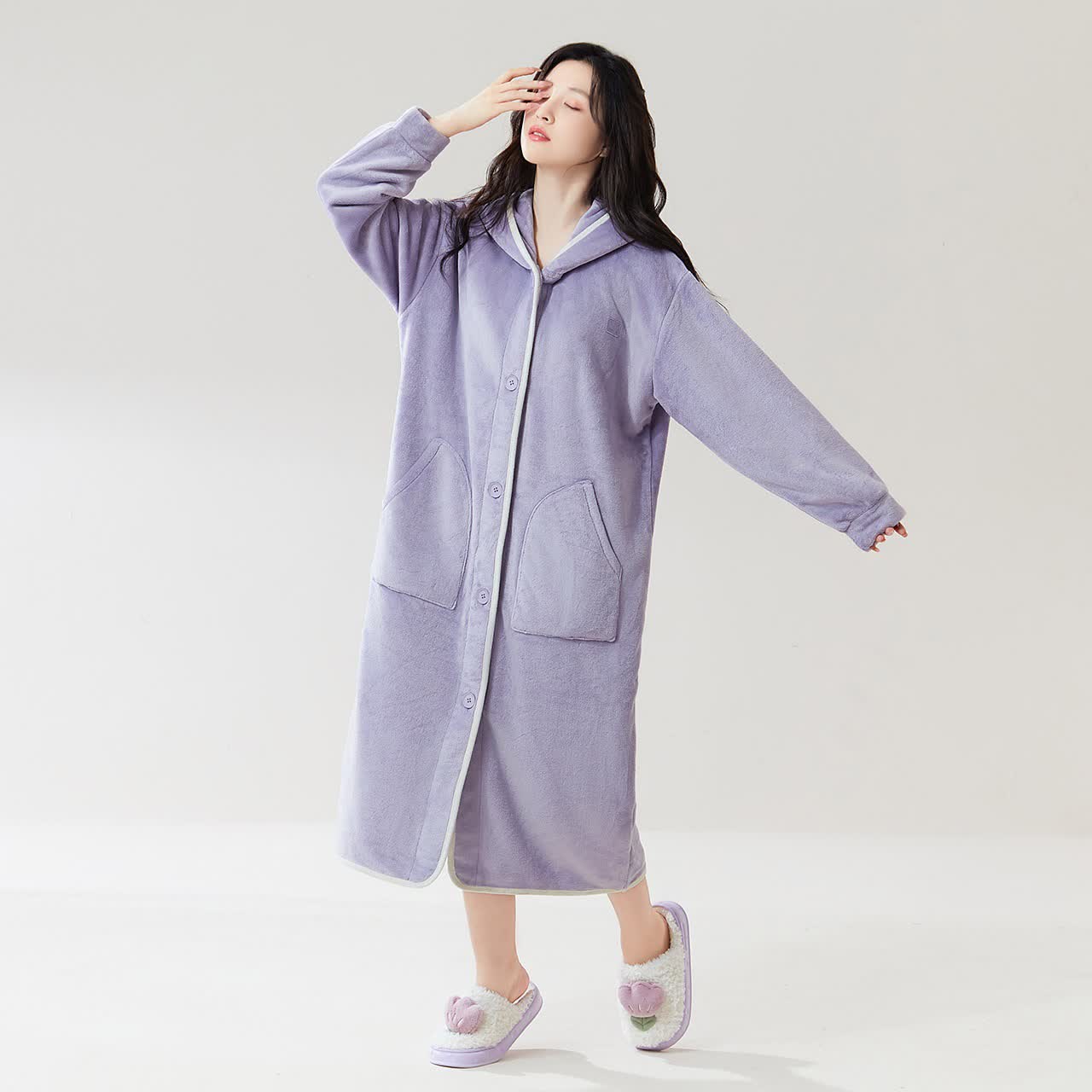 Simple Hooded Button Plush Bathrobe - Light Purple - XL - image 3