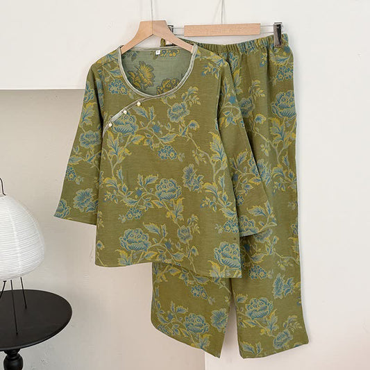 Oriental Style Peony Cotton Gauze Pajamas - Green - XL - image 1