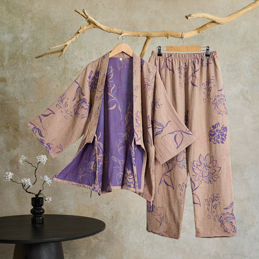 Peony Cotton Gauze Kimono Loungewear Set - Grey Pink - XL - image 1