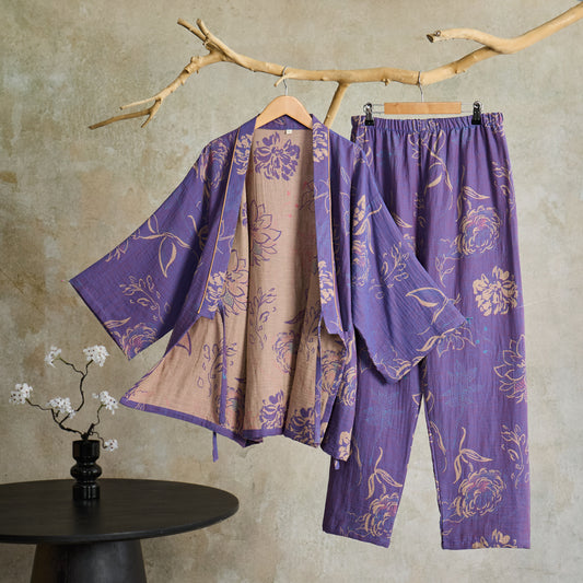 Peony Cotton Gauze Kimono Loungewear Set - Purple - XL - image 0