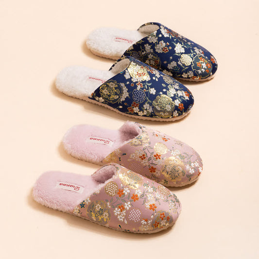 Vintage Floral Embroidered Plush House Slippers - image 1