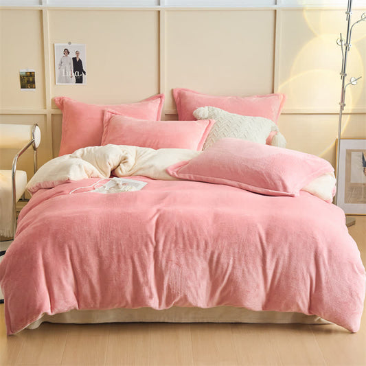 Simple Reversible Solid Plush Bedding Set - Pink & Beige - Bedding Set - King - image 1