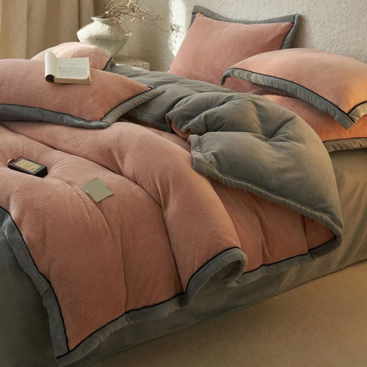Waffle Textured Reversible Plush Bedding Set(4PCS) - Pink - King - image 0