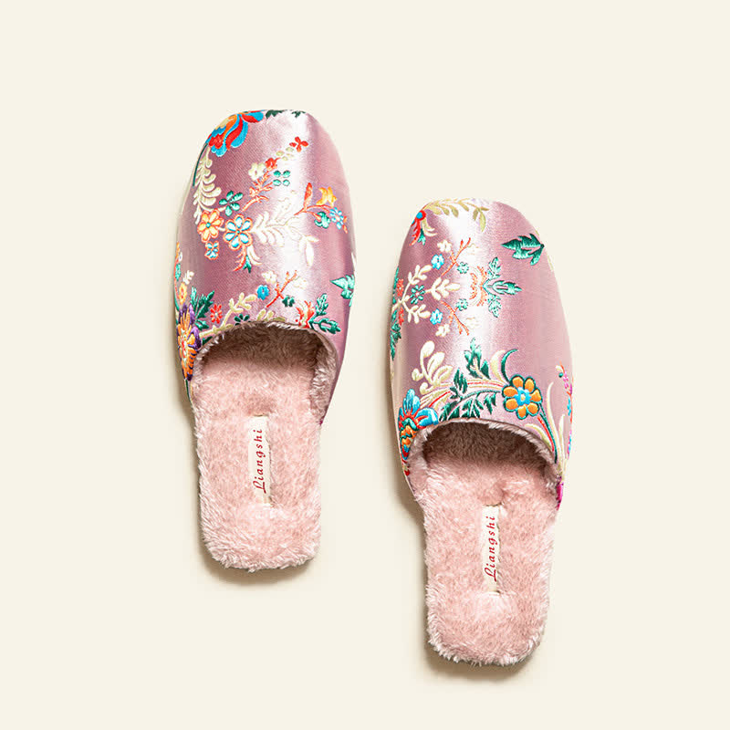Retro Floral Embroidered Plush House Slippers - image 10