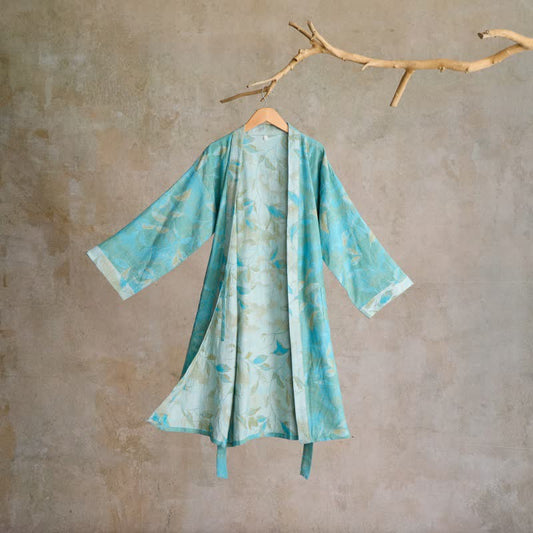 Natural Leaf Cotton Gauze Kimono Robe - Green - 2XL - image 0