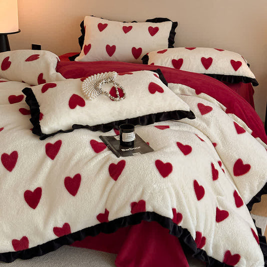 Heart-Print Plush Bedding Set with Romantic Ruffles(4PCS) - image 1