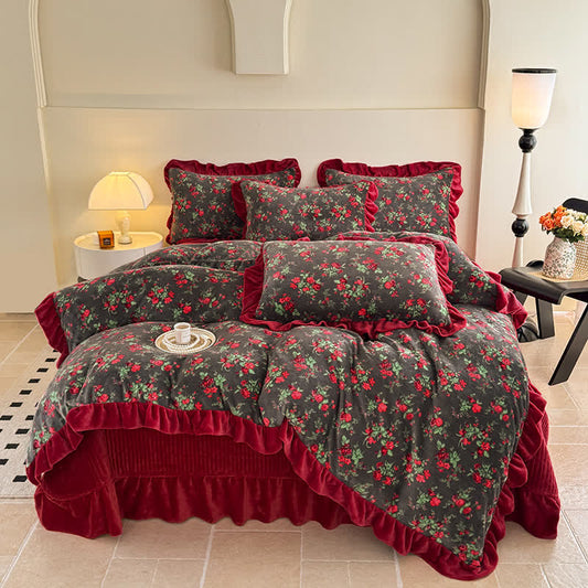 Vintage Rose Floral Velvet Ruffle Bedding - image 1