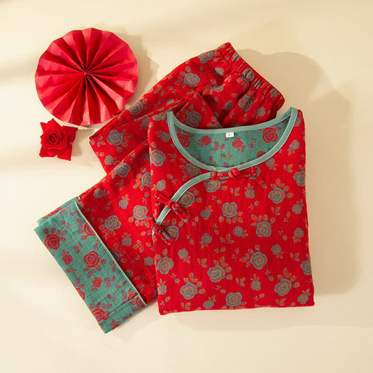 Oriental Vintage Rose Cotton Loungewear Set - image 1