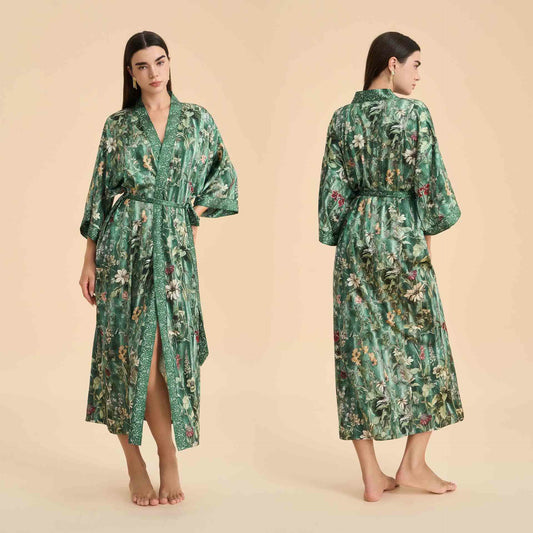 Green Botanical Floral Kimono Style Bathrobe - Green - One Size - image 0
