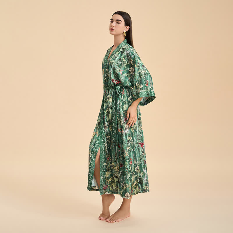 Lush Tropics Green Botanical Floral Kimono Style Bathrobe - image 3