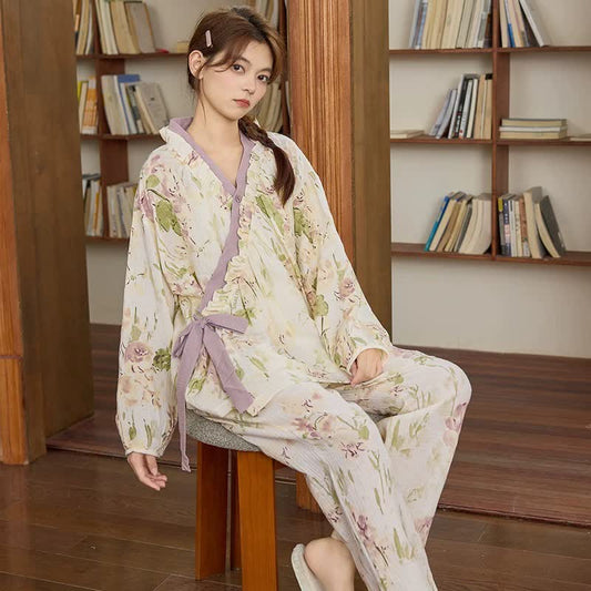 Ruffled Neck Elegant Floral Loungewear Set - Beige - XXL - image 0