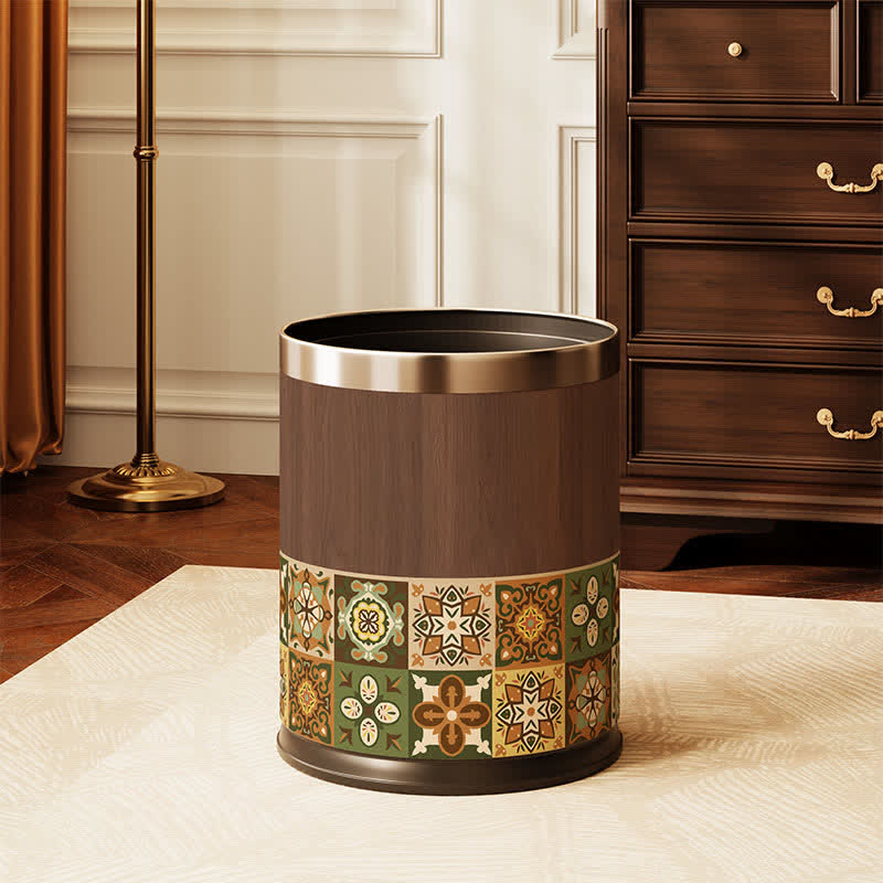 Vintage Mediterranean Double-Layer Trash Can - Dark Walnut - Silver Circle - 9"W x 9"L x 10"H - image 5