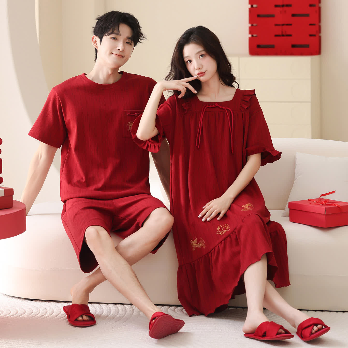 Red Couple Pure Cotton Pajama Set - Red - Women - XXL - image 0
