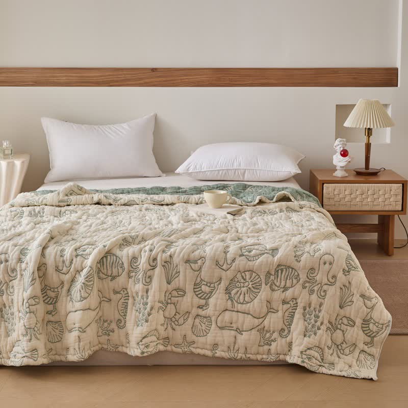 Ocean Life Cotton Gauze Quilt - Green - Queen - image 4