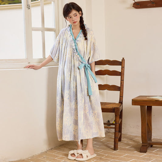 Artistic Vintage Ruffled Collar Side-Tie Nightgown - Blue - XXL - image 0