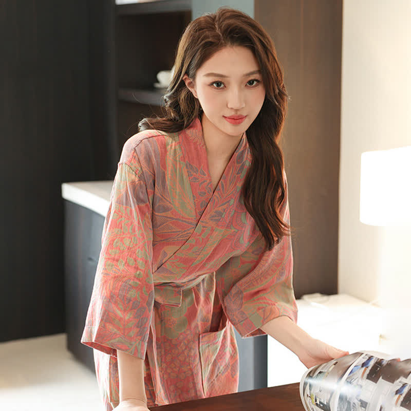 Floral Leaf Cotton Double Gauze Kimono Robe - image 7