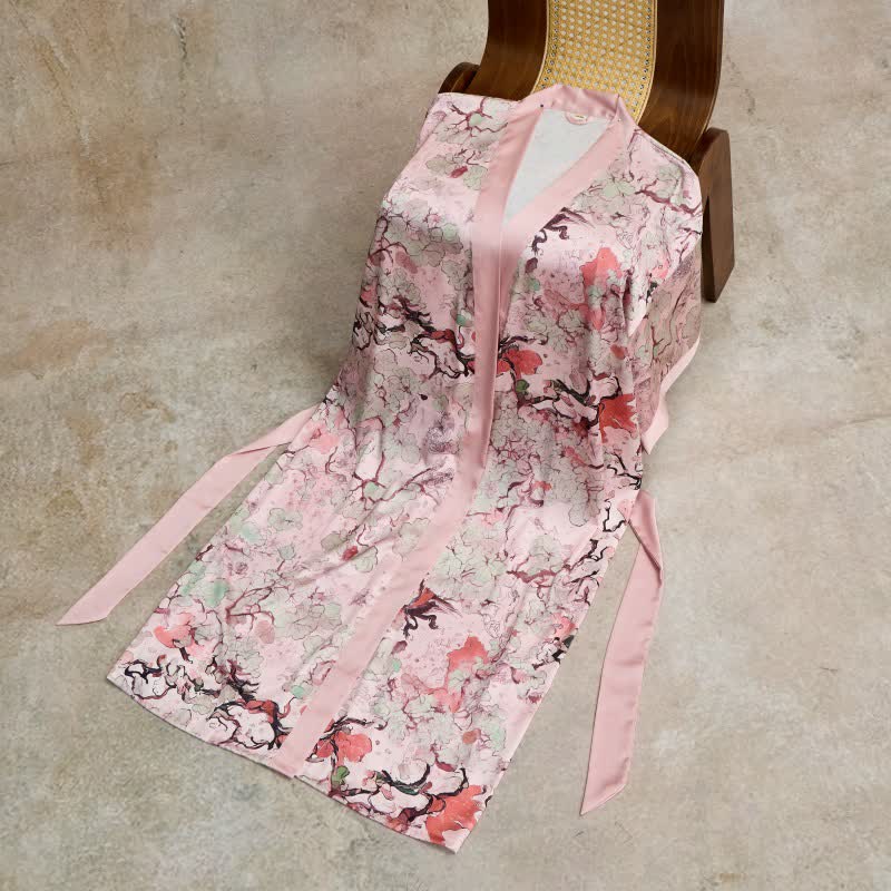 Valentine's Day Oriental Pink Floral Kimono Style Bathrobe - image 5