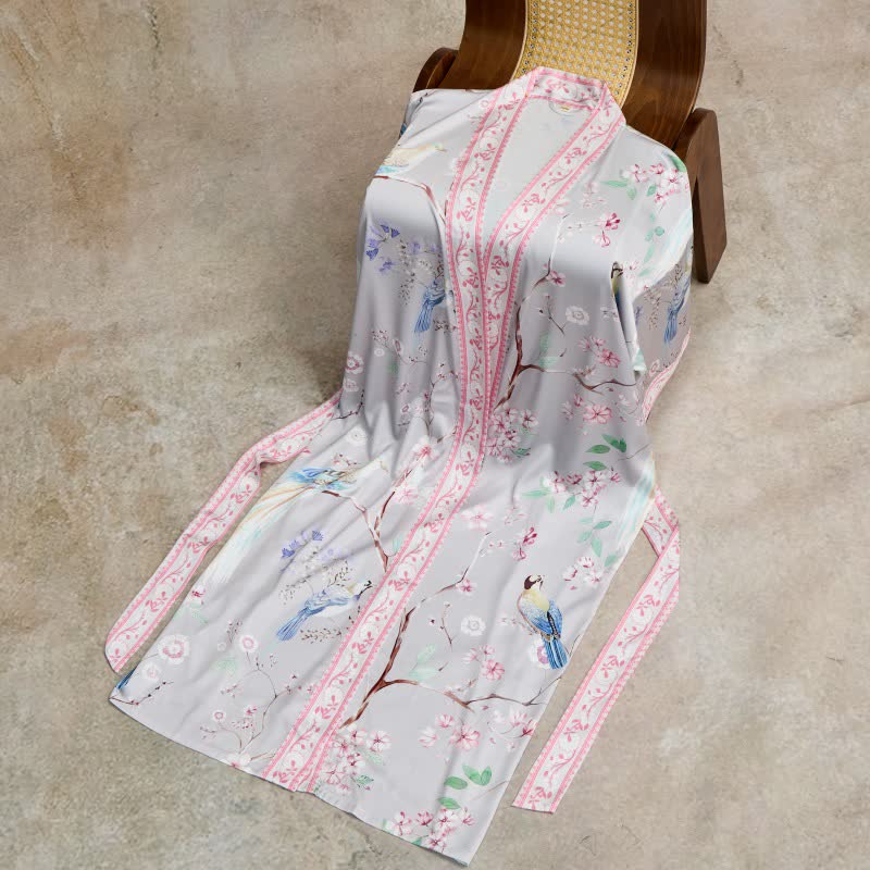 Paradise Florals Peach Blossom & Bird Kimono Style Bathrobe - image 4