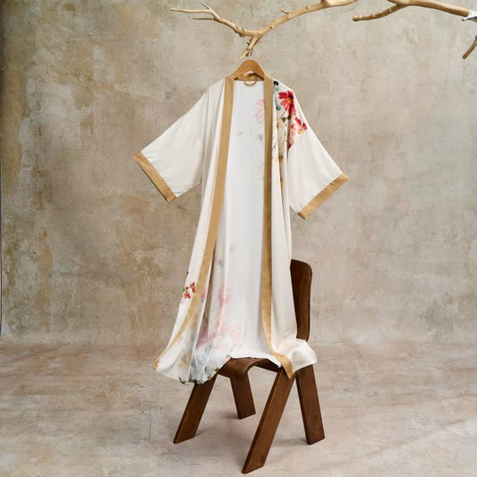 Island Romance Oriental Luxurious Flower Kimono Style Bathrobe - Beige - One Size - image 1