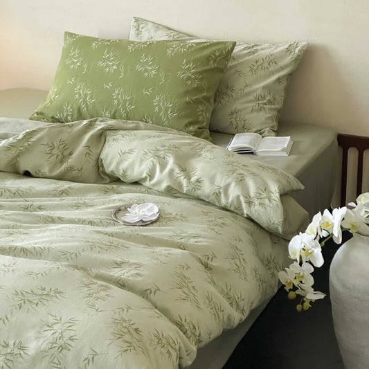 Oriental Bamboo Leaf Jacquard Cotton Bedding Set(4PCS) - Light Green - King - image 0