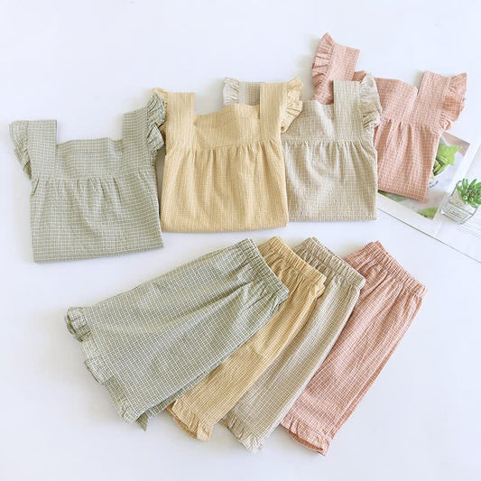 Cotton Gauze Plaid Flutter Sleeve Tank Pajamas - image 1